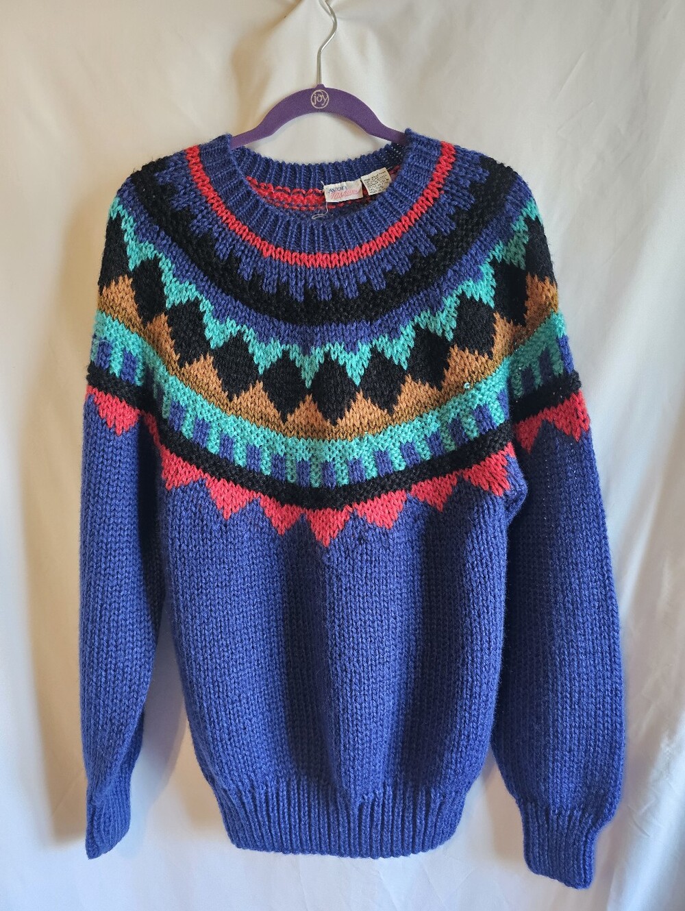 Avon Blue Fair Isle Crewneck Sweater with Multicolor Yoke Medium